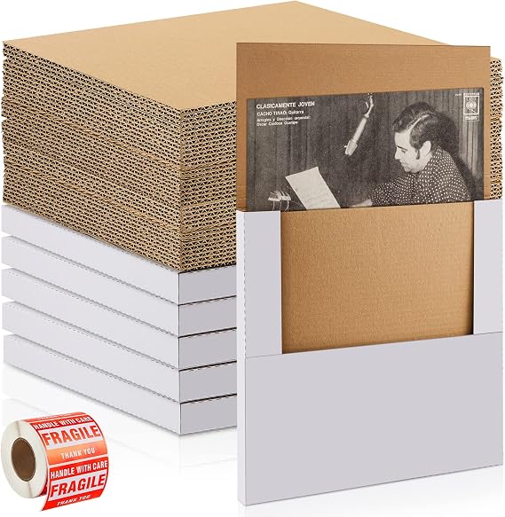 71 Pcs Vinyl Record Mailers LP Shipping Boxes Set Include 20 Pcs 12.5" x 12.5" x 1" Cardboard Shipping Boxes 50 Kraft Brown LP Record Pads 1 Roll Fragile Stickers for Small Business Shipping Records