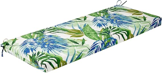 Pillow Perfect Tropic Botanical Indoor/Outdoor Bench Cushion With Ties, 1 Count, 18" x 45", Blue/Green Soleil