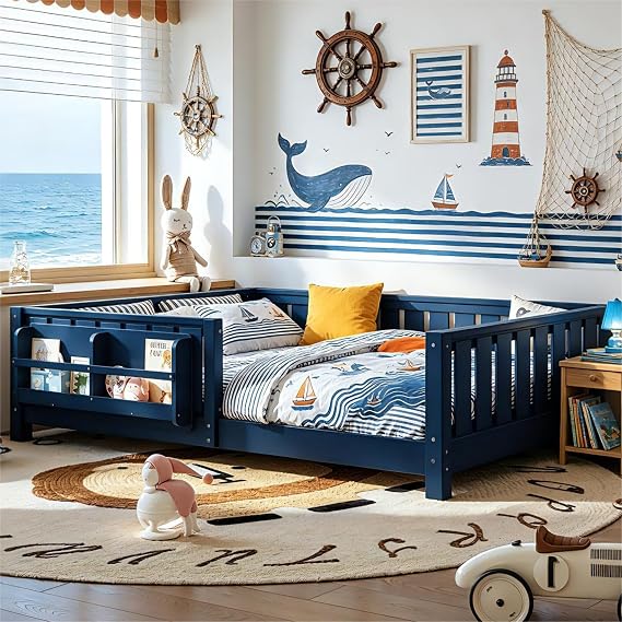 Bellemave Full Montessori Floor Bed Frame with Bookshelf & Guardrails, Blue