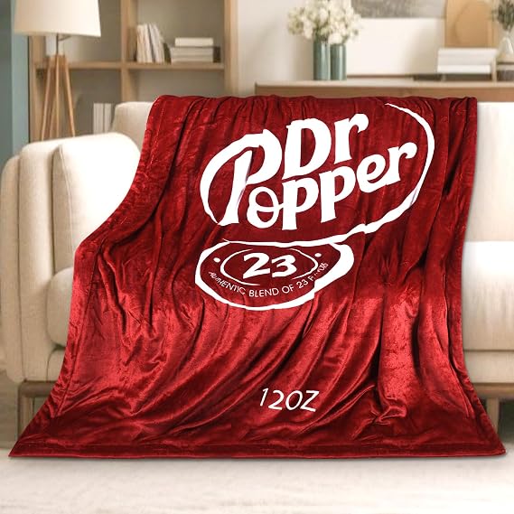Dr Pepper Blanket 80x60 Soft Thermal Flannel Fleece Throw, Soda Can Stuffed Plush Red Blanket for Couch, Bed, Car & Travel Fun Home Decor Gift for Soda Fans.