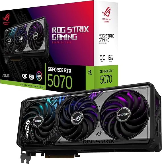 ASUS ROG Strix GeForce RTX 5070 OC Edition 12GB GDDR7 Graphics Card PCIe 5.0, 12GB GDDR7, HDMI/DP 2.1, 3.2 Slot, Axial-tech Fan, MaxContact Design, Phase Change GPU Thermal Pad, Aurora Sync