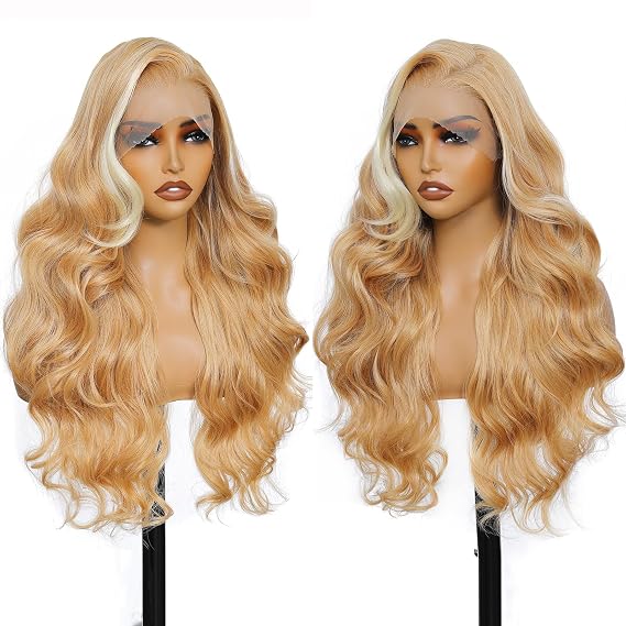 FABELLE 136 Synthetic Lace Front Wigs 26Inch Honey Blonde Highlight Wig Body Wave Free Part HD Lace Pre Plucked Glueless Wigs Strawberry Blonde Skunk Stripe Wig for Black Women Daily Wear
