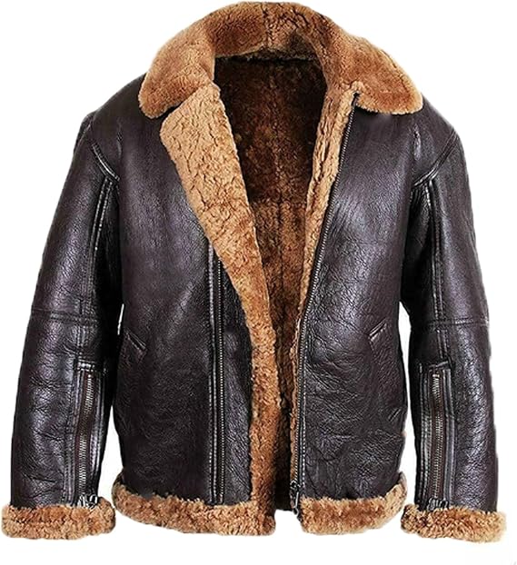 Mens Warm Fleece Lined Aviator Coat Shearling Bomber Sheepskin Leathers Jacket Faux Sheep Skin Leather PU Jackets (Brown B1,Small)