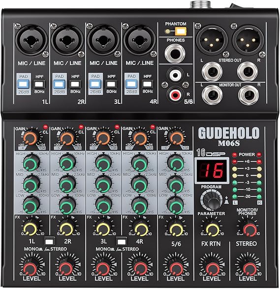 6-Channel Stereo Audio Mixer with Stepped Knobs, Mini Sound Board with 2 True Stereo Inputs, Mono/Stereo Switch, Precise Detented Pots, 16 DSP Effects, 48V Phantom for Keyboards, Studio