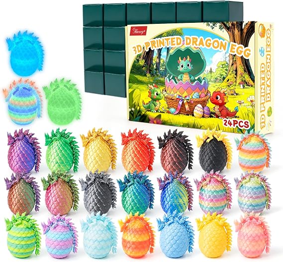 3D Printed Dragon Eggs - 24 PCS, Mini Easter Basket Stuffers, Flexible Dragon Inside, Cute Christmas, Birthday Gift, Collectibles for Adults&Teens,3D Print Animals, Cute Desk Pets (Multicolor)