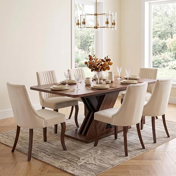 Extendable Dining Table Set for 6, Walnut Kitchen Table Set with 6 Chairs