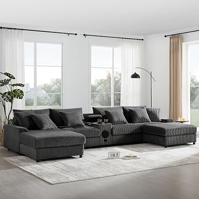 DEINPPA U Shaped Sectional Couch with Bluetooth Speakers and Movable Ottomans, Modular Corduroy Couch with Charging Ports and Cup Holders for Living Room Apartment, 6-Seater Sofa, Dark Gray