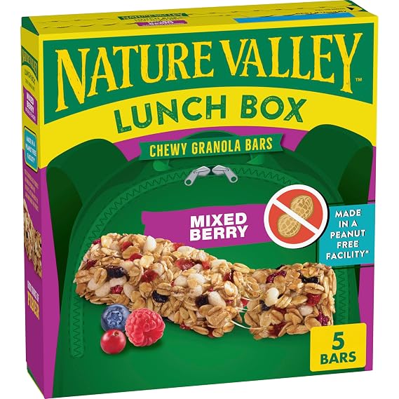 Nature Valley Mixed Berry Peanut-Free Chewy Granola Bar, 5 ct, 4.6 oz | Made in a Peanut-Free Facility, Cranberry, Blueberry & Raspberry Flavors, Good Source of Fiber
