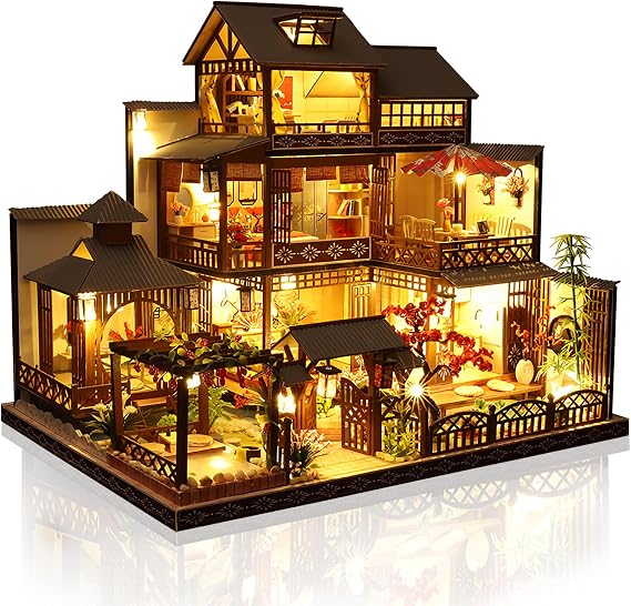 Sexy outfit DIY Miniature Dollhouse Kit, Wooden Dollhouse Kit with LED Light, Handmade Crafts for Adults Teen to Build, Make Your Own Dream House Model (Leisure Yard)