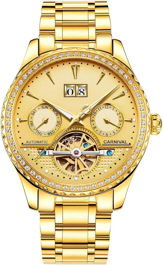 CARNIVAL 8731G Men's Automatic Wristwatch, Gold/Gold Metal Band, Diamond Decoration, Analog, Mechanical Men's Watch