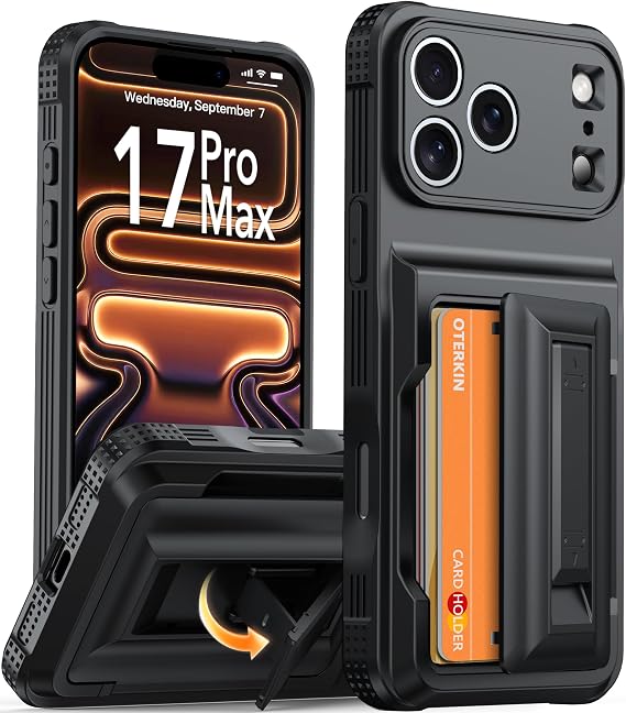 Oterkin for iPhone 17 Pro Max Wallet Case | 4-5 Card Holder | Stand, Black | RFID Blocking, Built-in Kickstand, Full Camera Protection | Military Grade Shockproof Phone Case for iPhone 17 Pro Max 6.9"