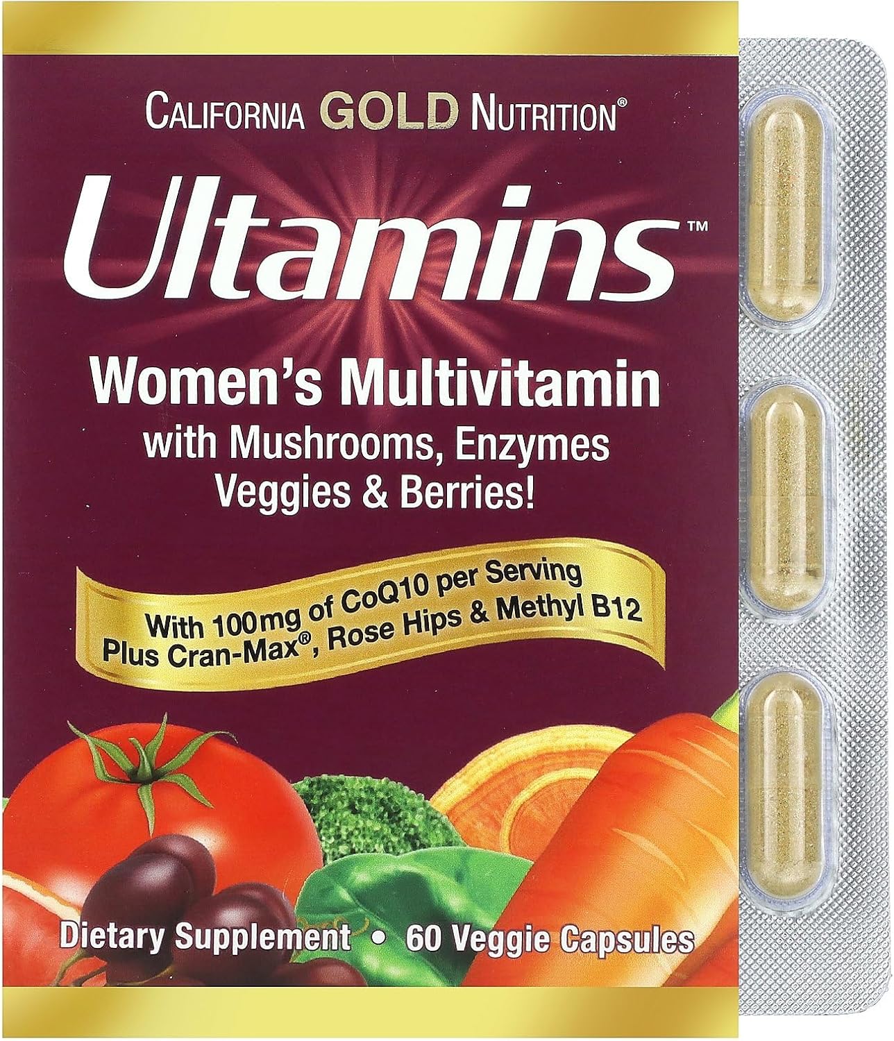 California Gold Nutrition Ultamins Women's Multivitamin with CoQ10, Mushrooms, Enzymes, Veggies & Berries, 60 Veggie Capsules