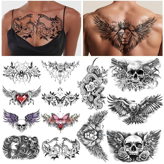 13 Sheet Large Chest Underboob Temporary Tattoos for Adult, 8PCS Sexy Abdomen Back Waist Flower Butterfly Tattoos for Women, 5PCS Eagle Skull Snake Fake Tattoo Body Scar Cover Belly Sticker for Men