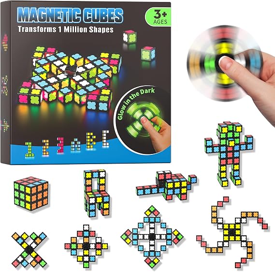 Axirata Magnetic Fidget Spinner Mini-38 Blocks, Glow Magnet Cube 4 in 1 Toy