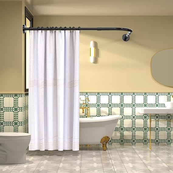 Corner Shower Curtain Rod Adjustable L Shaped Shower Curtain Rod Drilling Install Stainless Steel Curved Shower Rods 27.6-39.443.3-67 With 24 Rings For Bathroom,Bathtub,Fitting Room-Black