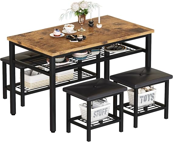 Lamerge Kitchen Tables Set for 4, Rectangular Dining Room Table Set with Bench and Stools, 4 Pieces Dining Room Table Set with Storage Rack for Small Space, Breakfast Nook and Apartment, Brown Black