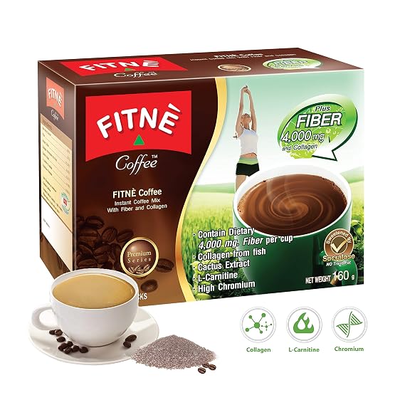 FITNE Premium Instant Coffee Packets Mix with Fiber 4,000 mg Collagen Cactus Extract L-Carnitine High Chromium No Sugar Sucralose Sweetener, 10 Sachets