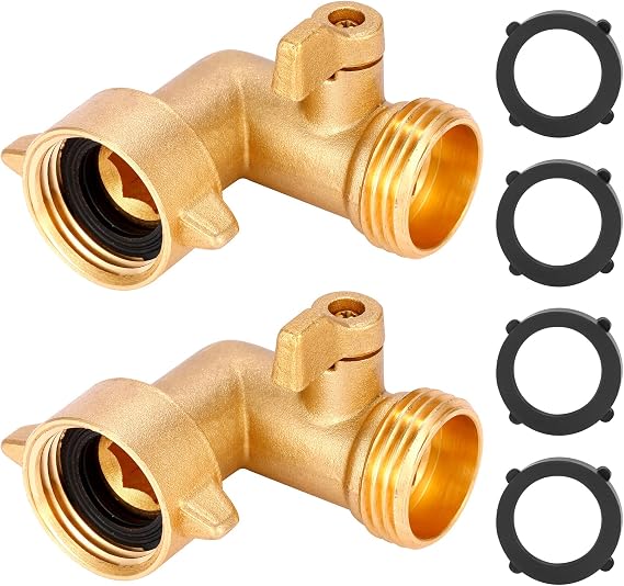 90 Degree Garden Hose Elbow with Shut Off Valve 2 Pack, 3/4" Heavy Duty Hose Adapter with 4 O-rings, Solid Brass Gooseneck Garden Hose Connector (2 Pack)