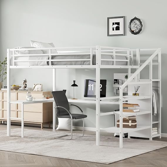 Millies Queen Size Metal Loft Bed with L-Shaped Desk, Wardrobe, USB Port & LED Light, Space-Saving High Loft Bed Frame for Teens & Adults,