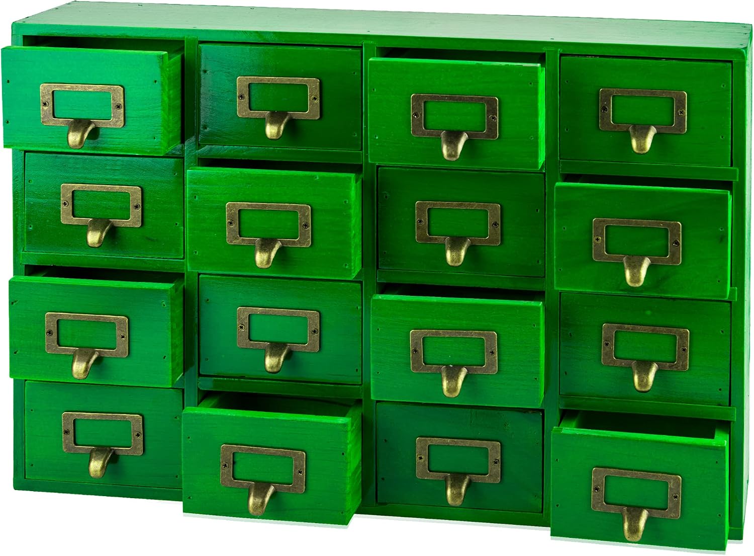 Emerald Green Wood 16-Drawer Apothecary Small Cabinet - 20" x3.6”x14” Card Catalog Style Table Top Organizer - Wooden Storage Box w16 Drawers - 4-Level Countertop Organizer wLabel Holders & Handles