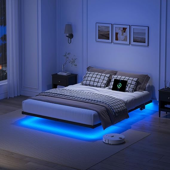 YORMDMO Floating Bed Frame, King Size, Heavy Duty Bed Frame with Smart LED Light & Charging Station, Modern Metal Platform Bed, Easy to Assemble, No Box Spring Required, 8"