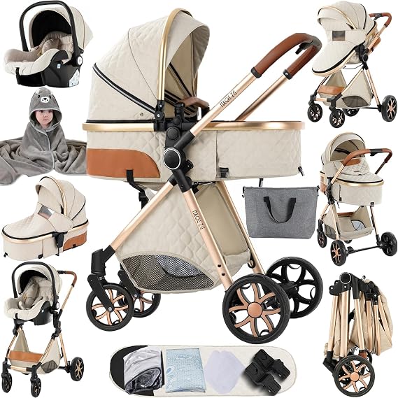 Magic ZC 3 in 1 Pushchair Pram Travel System, Baby Stroller 3 in 1 with Reversible Two Pushing Modes, Newborn Infant Carriage One-Click Folding, Toddler Buggy Aluminum Frame (V9 Creamy White)