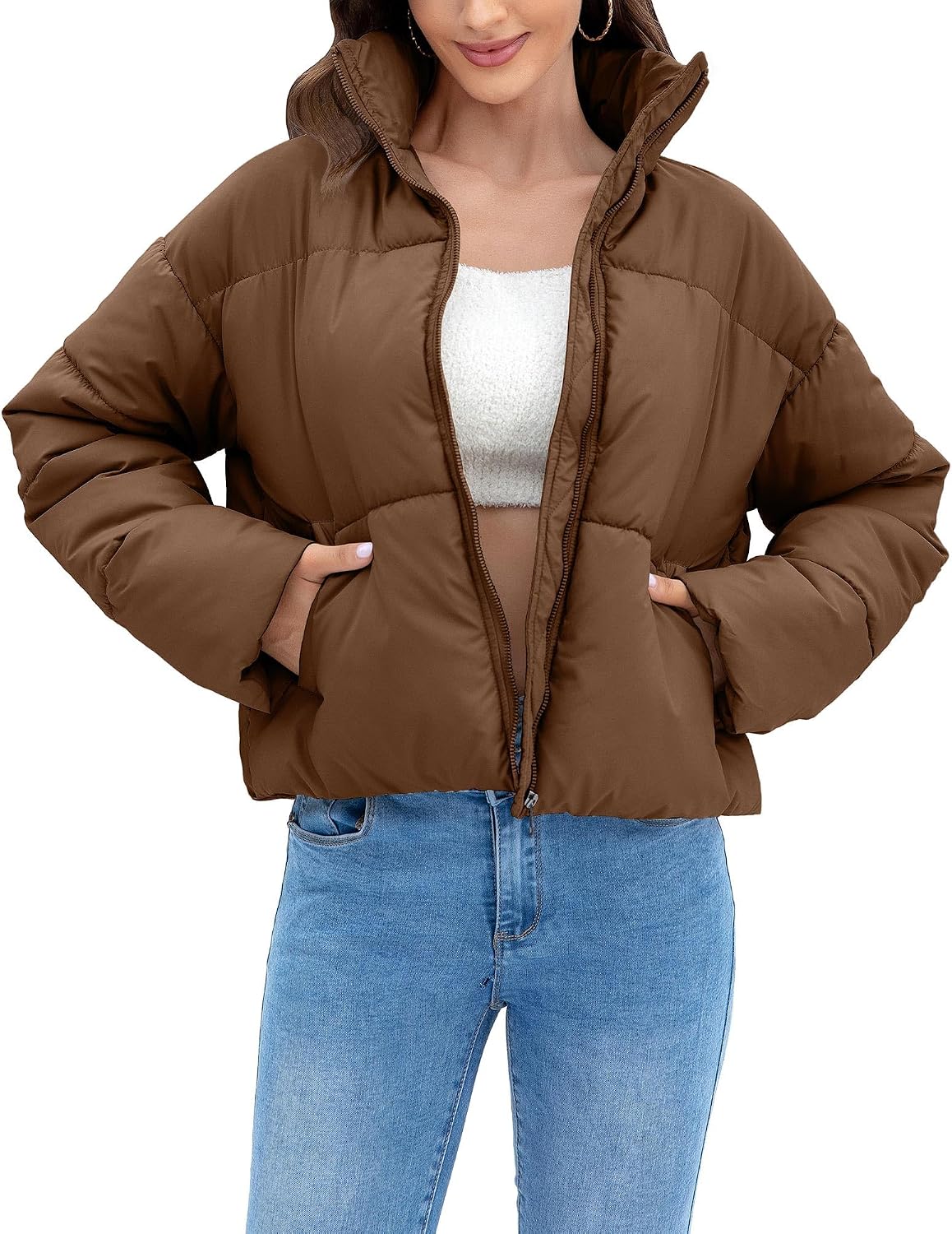 Womens Winter Quilted Jackets Casual Long Sleeve Puffer Coat Padded Outwear Fall Fashion 2024 with Pockets