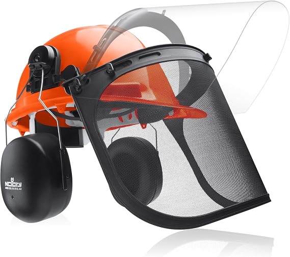 NoCry 6-in-1 Industrial Chainsaw Helmet with Face Shield and Ear Muffs Mesh & Clear Plastic Visors Included ANSI Z89.1 Certified Adjustable Headgear Ideal for Forestry and Arborist Work