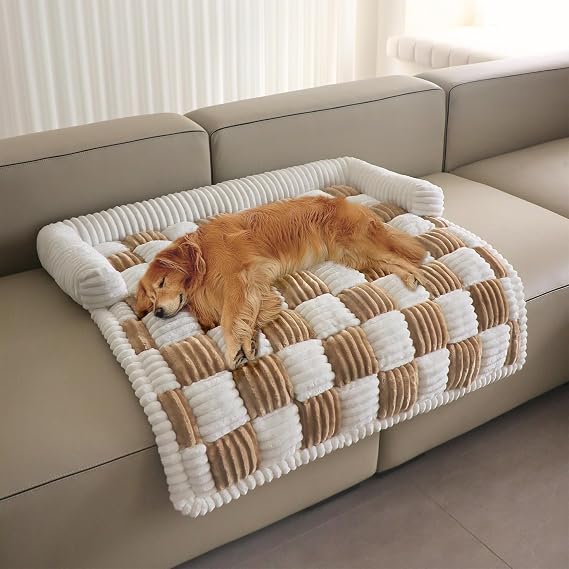 Couch Covers for Dogs and Cats, Fuzzy Dog Sofa Bed with Cream Square Plaid, Plush Pet Couch Cover Bed, Thickened Quilted Furniture Protector Mat for Large Medium Pets (Light Brown Large)