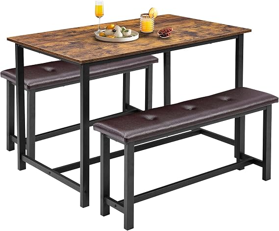 Dining Table Set for 4 with Padded Benches, Wooden Breakfast Table,Modern Rustic 3-Piece Kitchen Table Set for Small Dining Room, Breakfast Nook, Brown