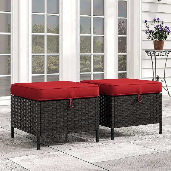 Patio Wicker Ottomans with Removable and Washable Covers, PE Rattan Outdoor Footstools for Porch, Garden, Sunroom (Red)