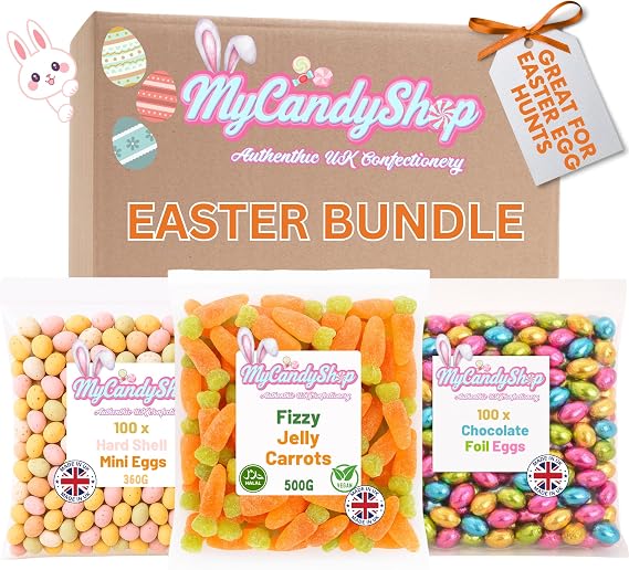 Easter Sweets Bulk Sweets Bundle - 500g Vegan Fizzy Jelly Carrots, 100 Foil Wrapped Chocolate Eggs & 100 Hard Shell Mini Eggs for Egg Hunts, Decorations - Easter Hamper