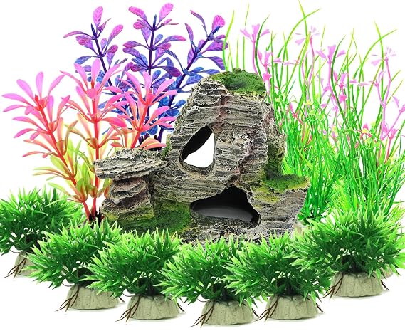 Aquarium Decoration Plants, 13 Pieces Size Plastic Aquarium Plants Decoration and Rock Polyresin Cave Ornament Decoration