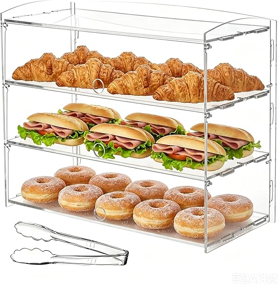3-Tier Bakery Display Case,Commercial Countertop Acrylic Bakery Display Case With Bread Tong,Dustproof Clear Showcase for Cupcakes, Pastries, Food Storage 48×23×39cm