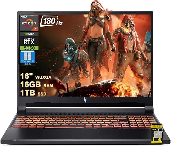 acer Nitro V 16 AI Gaming Laptop 16" WUXGA IPS 180Hz AMD 6-core Ryzen 5 240 16GB DDR5 1TB SSD GeForce RTX 5050 (Up to 421 AI Tops) Backlit Wi-Fi6E Type-C Win11Pro ICP Hub
