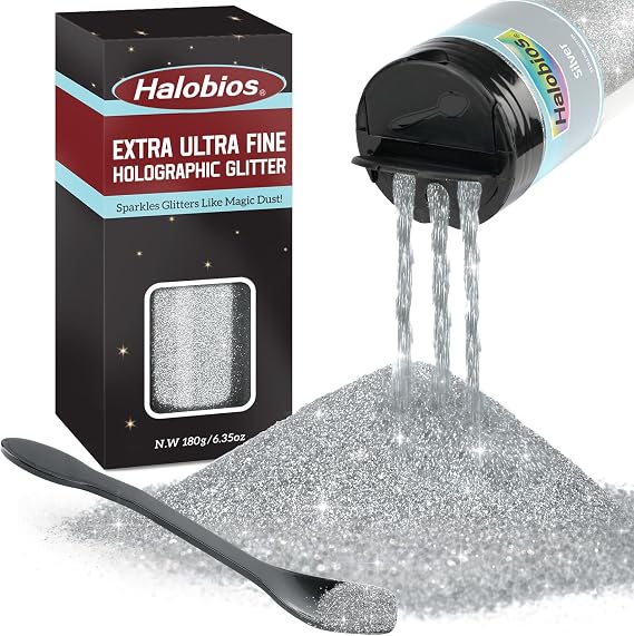 Halobios Extra Fine Glitters, Holographic Silver Glitter, 180g(6.35oz) Ultra Fine Glitters, 1/128" Resin Glitter Powder for Hair Body, Nails, Arts and DIY Crafts Decoration