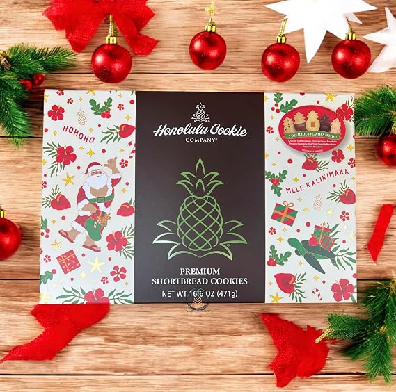 Hawaiian Holiday Shortbread Cookie Gift Box 30 Assorted Festive Flavors Chocolate, Macadamia Nut, Pineapple & Peppermint Christmas Gift Treats