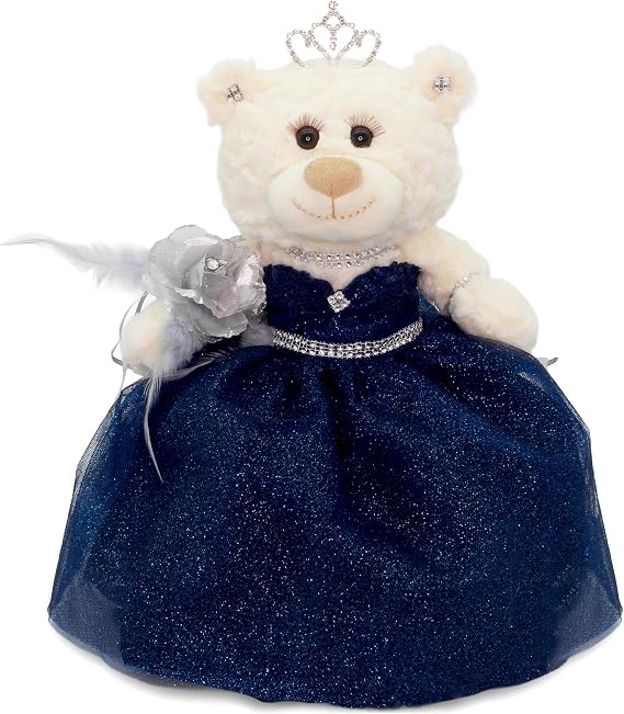 12" Quinceanera Bear Centerpiece Doll w/ Elegant Layered Tulle Dress, and Adjustable Stand Quinceanera Decorations Gift, Oso de Peluche para 15 Anos, Handmade Dress in CA~ARC09831-16 (Navy Blue)