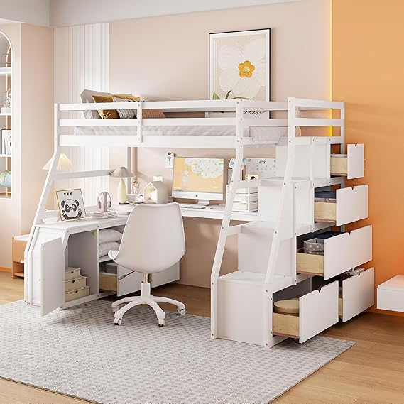 Bellemave Full Loft Bed with Desk & Storage Stairs Wood Loft Beds with Cabinet and 7 Drawers and 2 Shelves High Loft Bed Frame with Step for Kids, Juniors, Teen, Boys, Girls, White