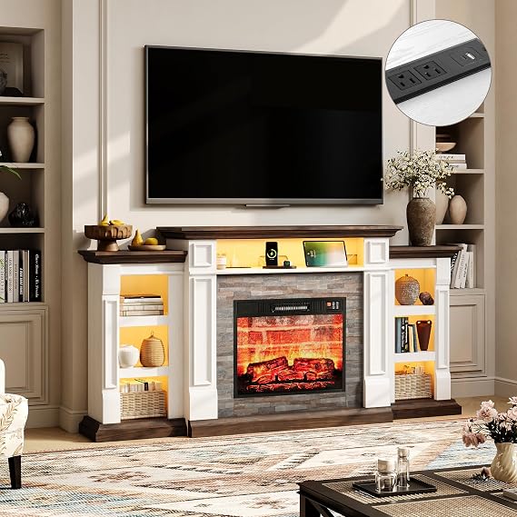 72" Electric Fireplace TV Stand with LED& Outlet for TVs up to 80", Farmhouse Entertainment Center with Storage, Fireplace Heater Insert with Adjustable Temp, Brightness for Living Room, White&Brown