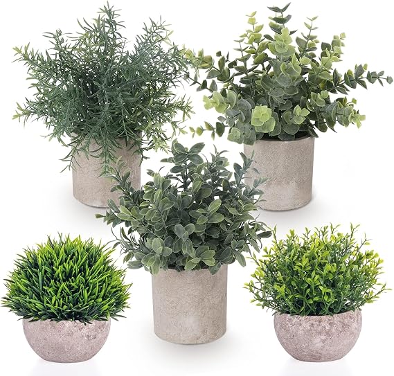 Fake Plants,5PCS Small Artificial Greenery Eucalyptus Plants Indoor in Pots