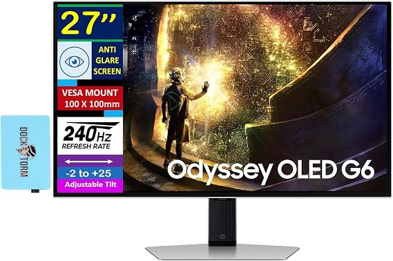 Samsung 27" Odyssey OLED G6 QHD 240Hz 0.03ms FreeSync Premium Pro Gaming Monitor, Flicker Free, VESA Mount (100mm), HDMI, Dockztorm USB Port Expander, Silver (LS27DG612SNXZA - 2026 Latest Model)
