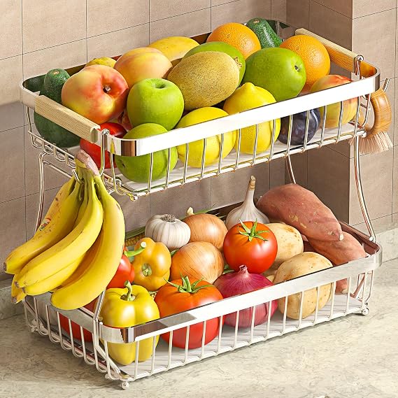Sevenblue 2-Tier Fruit Basket with Banana Hangers, Detachable Metal Bowl