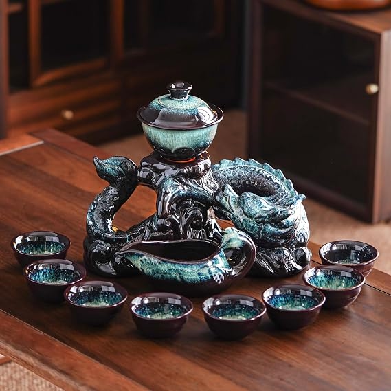 Zurucily Semi Automatic Tea Set Ceramic Teapot with Infuser Magic Teapot with 8 cups Gradient Color (Gradient Dragon- D)