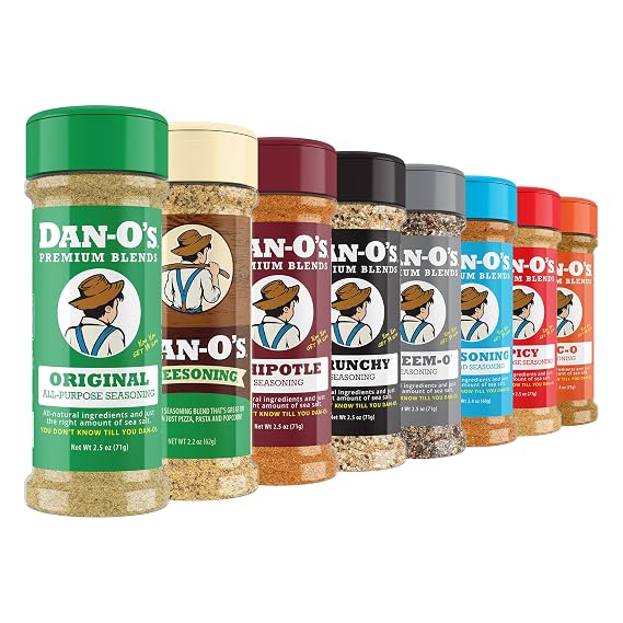 Dan-Os Seasoning Variety Pack 8 Bottle Set (Extra-Small Bottles) Original, Spicy, Chipotle, Crunchy, Cheesoning, Preem-O, SEA-soning & Tac-O All Purpose, Sugar Free, Zero Calorie Spice Set