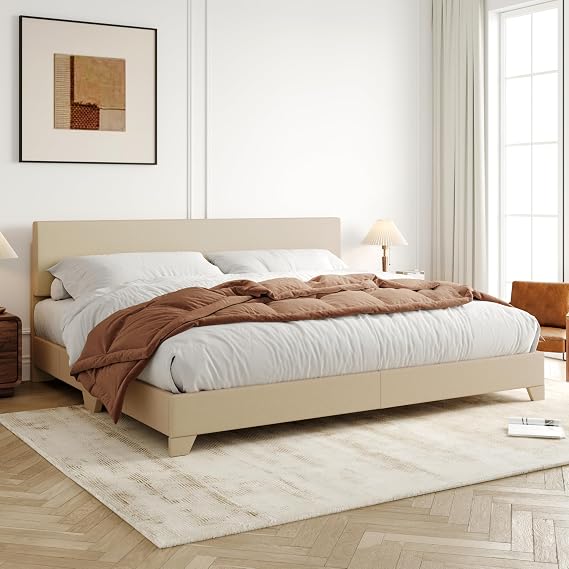 Allewie King Size Upholstered Bed Frame Adjustable Headboard, Beige