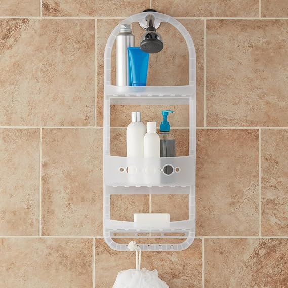 Large Over the Shower Caddy with Shelves and Deep Basket, Heavy Duty Plastic, Frosty Finish