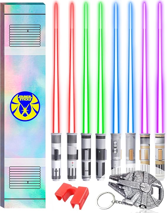 Lightsaber Chopsticks Light Up Star War Chopstick Light Up Mini Light Saber Chopsticks for Adults Cool Chopstick Light Saber Sticks Led Chop Sticks Jedi Stix Red Blue Green Purple 4 Pairs