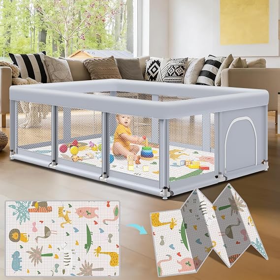 Fshibila 74" 50" Large Baby Playpen, Baby Playard for Babies and Toddlers, Play Pens for Indoor & Outdoor, Sturdy Safety Play Yard with Soft Breathable Mesh, Anti-Fall, Grey (with MAT)