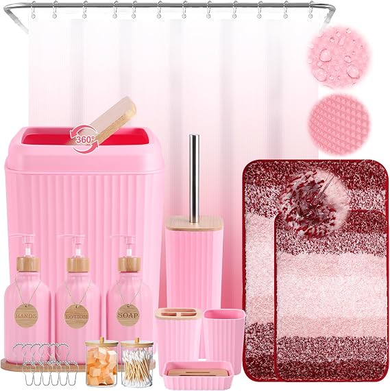 XLHOMO Bathroom Accessories,Bathroom Set with Shower Curtain,Rugs,Trash Can,Lotion Soap Dispenser,Toothbrush Holder,Soap Dish, Tags with Tray(Pink1 ),(Bath Set+Shower Curtain+Bath Rugs)